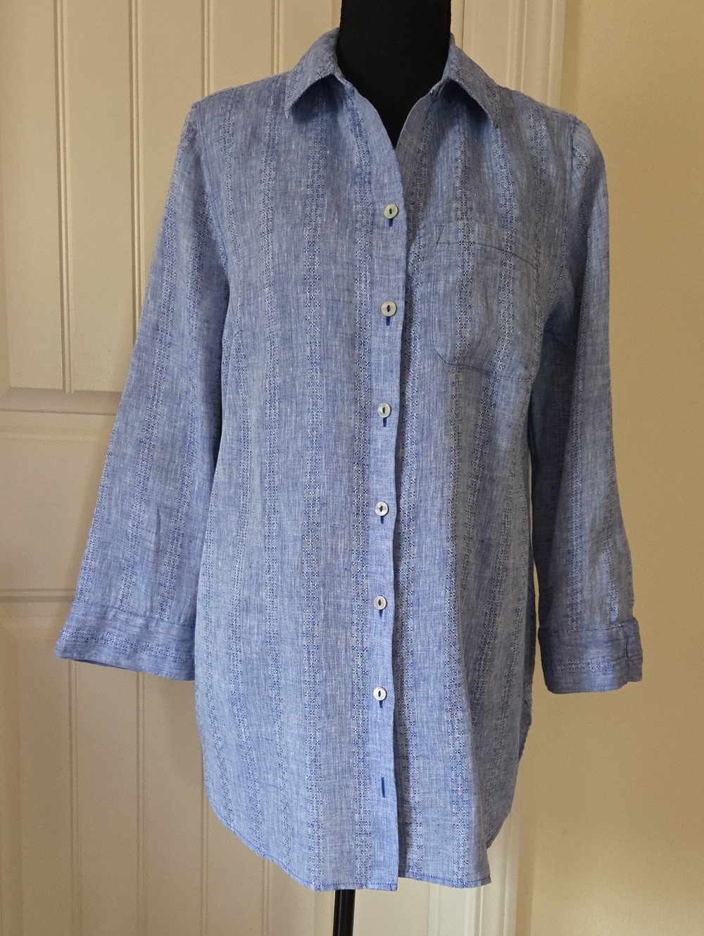 Chico’s Indigo No Iron Linen Tunic Top Shirt, Size 0.5 US Small/6